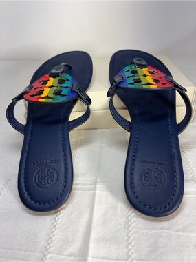 Tory Burch Navy Leather Sandals with Rainbow Logo